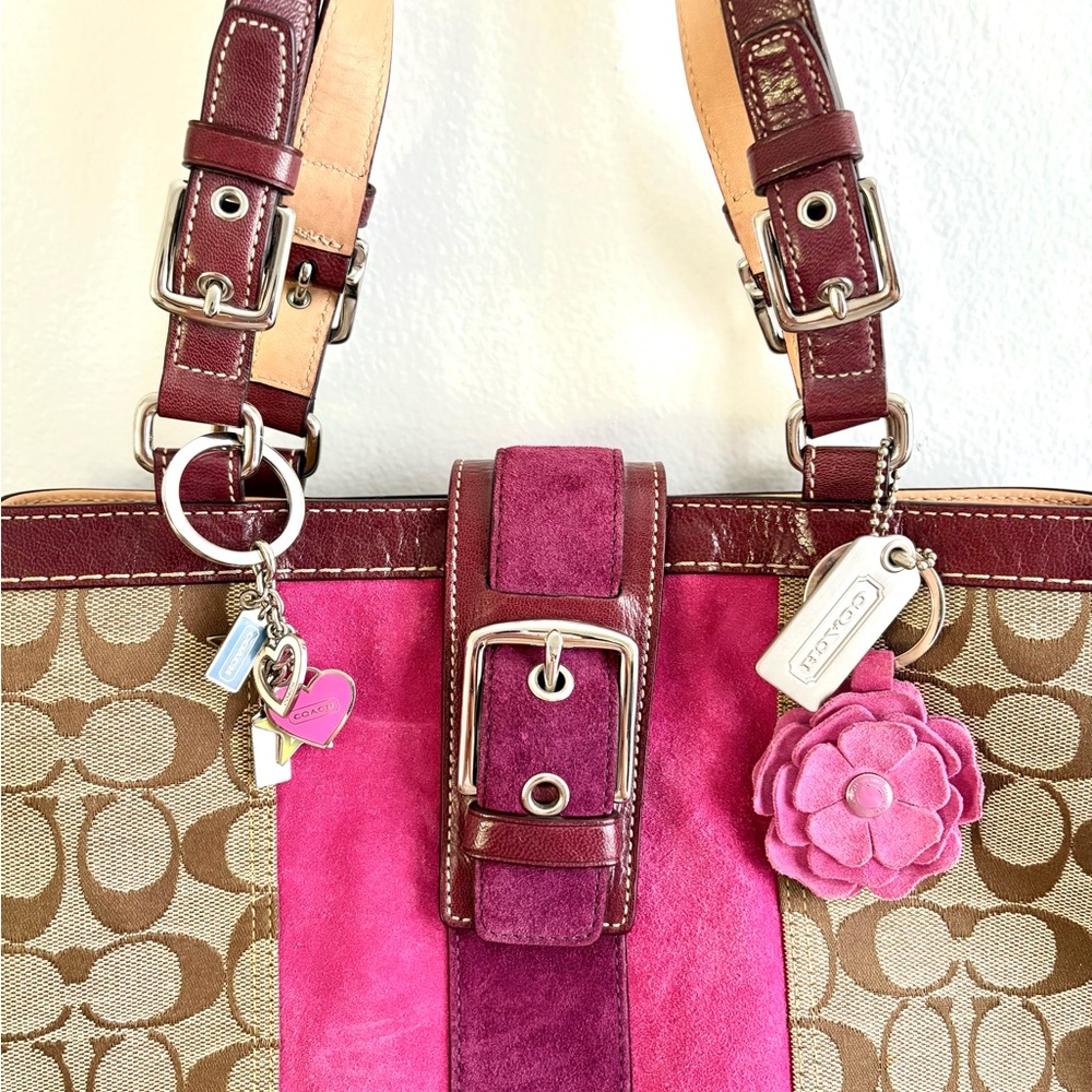 Coach Pink and Brown Shoulder Bag with Signature Monogram